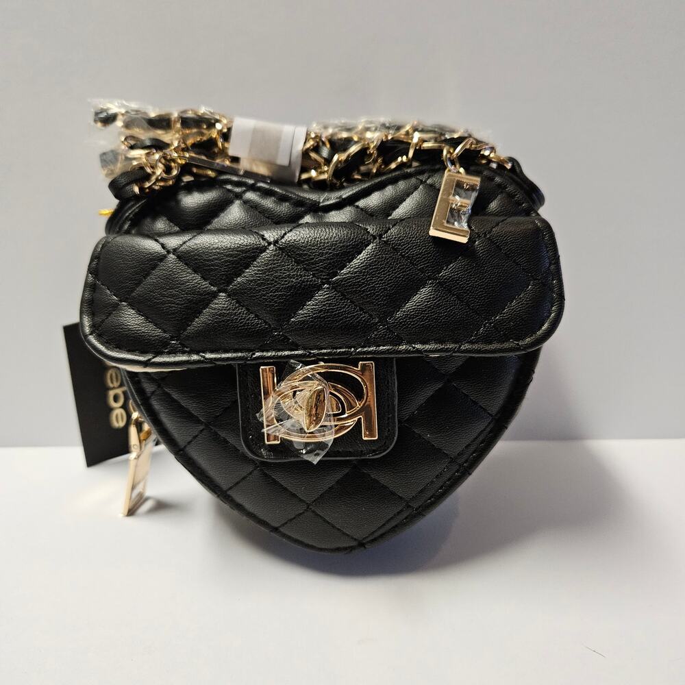 Bebe Solana Quilted Heart Crossbody Black Faux Leather Chain Strap Bag